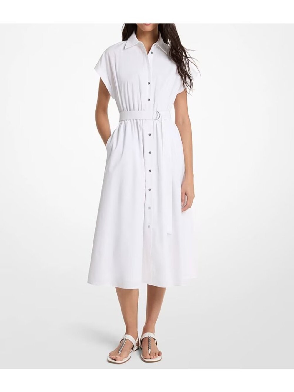Michael Kors Cotton Poplin Midi Shirt Dress Sz M Belted Cuffed Slip Liner White - Picture 1 of 15